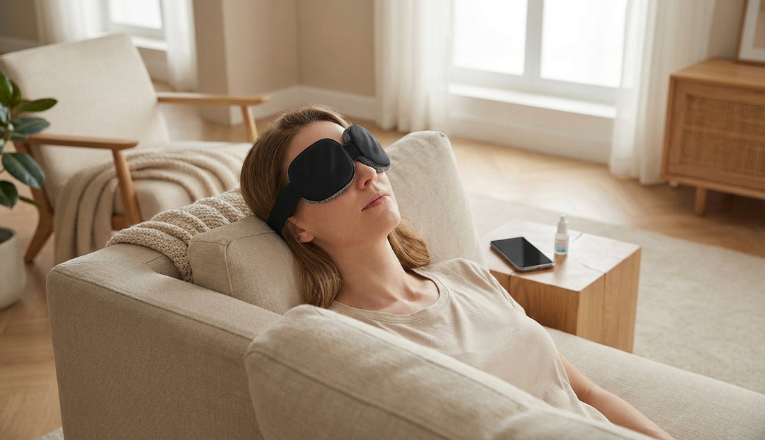 Fismool 206 moisturizing dry eye relief mask worn by a woman resting on a sofa, with phone and eye drops nearby for eye strain recovery.