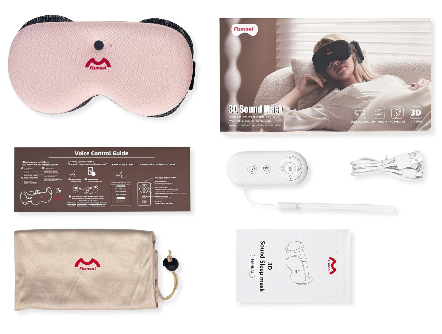 Fismool Sound Sleep Mask package includes the mask, remote control, Type-C charging cable, dust bag, and user manual for easy setup and use.