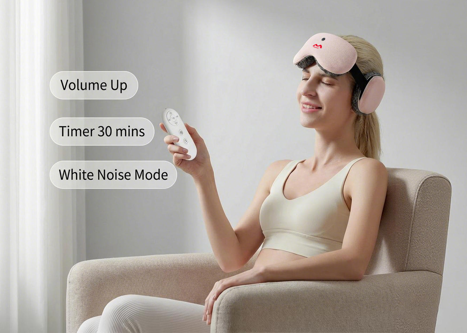 Fismool Sound Sleep Mask features voice command functionality for easy, hands-free control of settings like volume, timer, and mode for ultimate convenience.