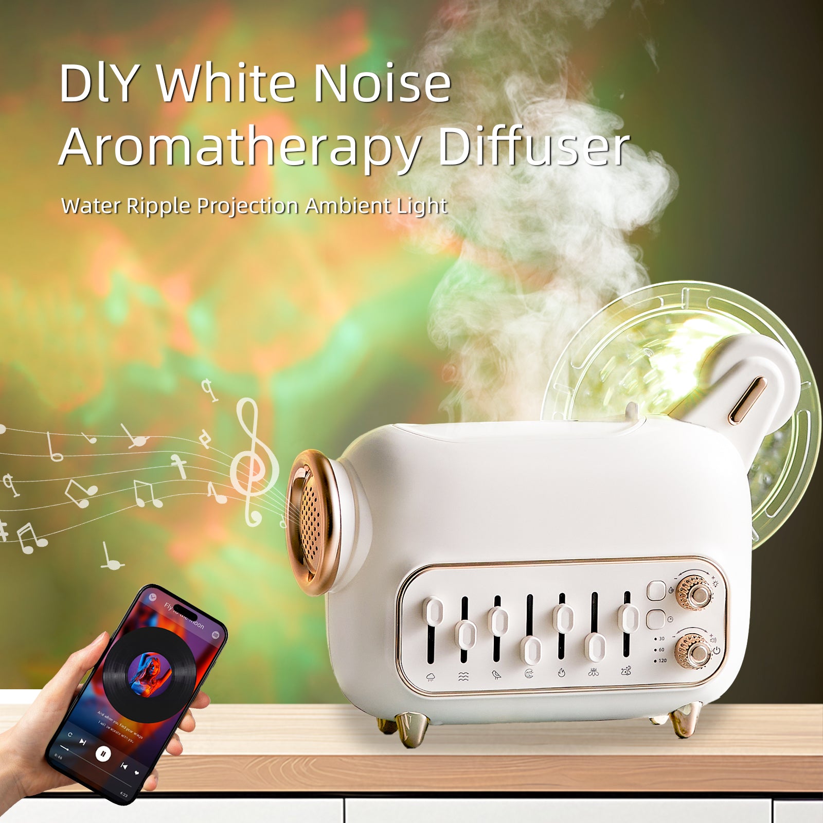 Aurora White Noise Aroma Diffuser M9 – Bluetooth-controlled DIY aromatherapy diffuser with white noise, ultrasonic mist, and water ripple projection ambient light for sleep relaxation.