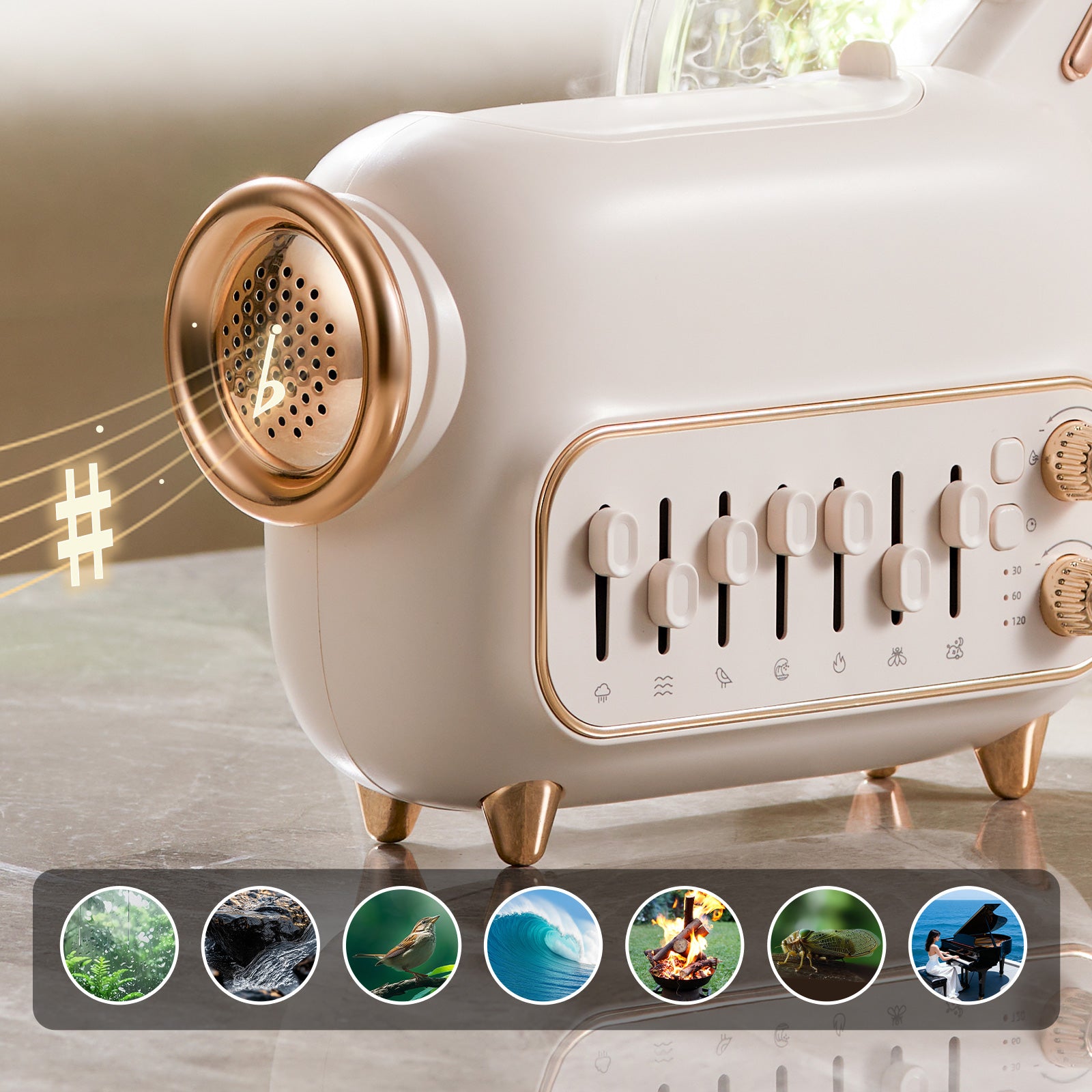 Aurora White Noise Aroma Diffuser M9 – Bluetooth aroma diffuser with multiple natural white noise sound modes including forest, ocean, rain, birds, and fire sounds for sleep and relaxation.