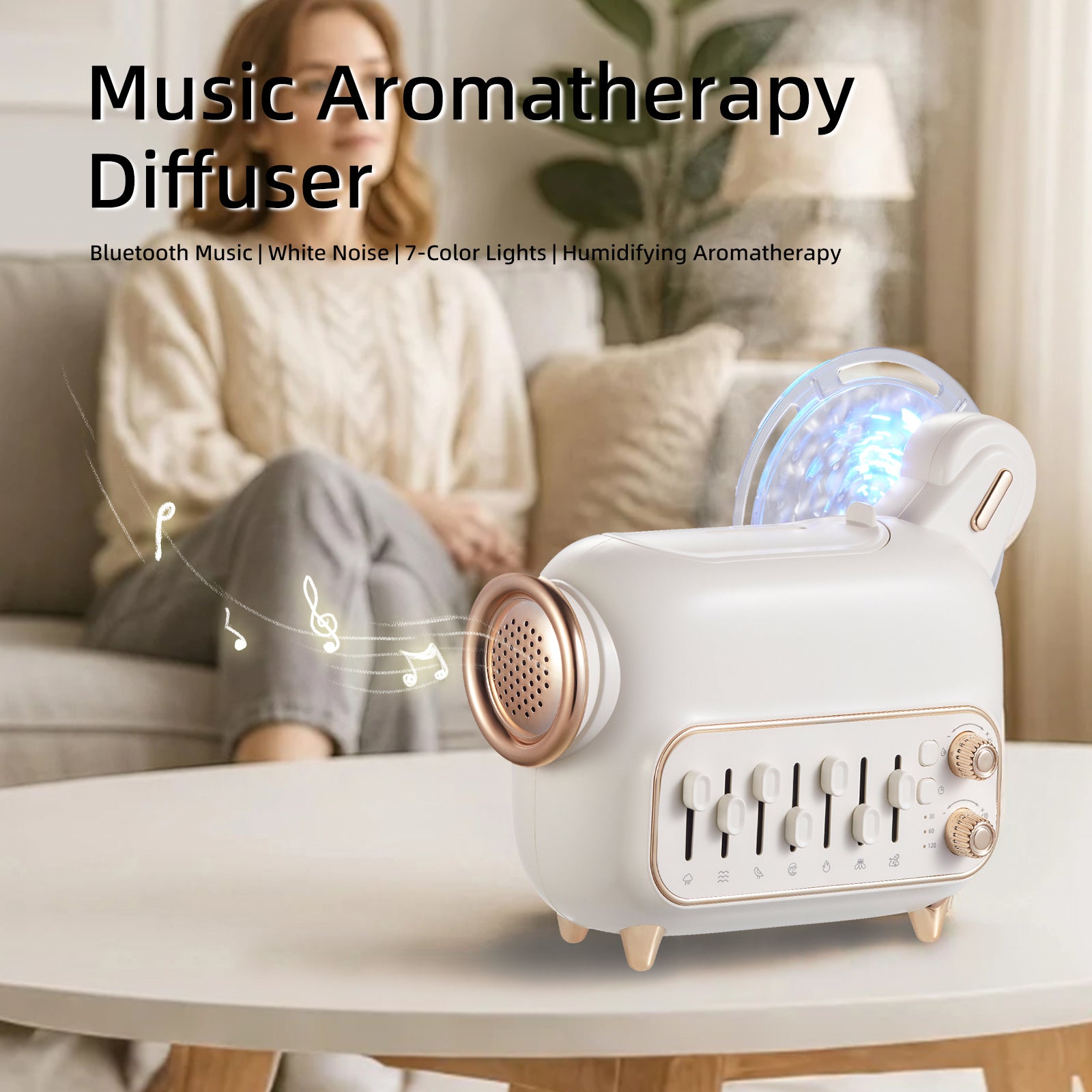 Aurora White Noise Aroma Diffuser M9 on table – Bluetooth music aromatherapy diffuser with 7-color LED light, white noise, and humidifying mist for relaxing home sleep environment.