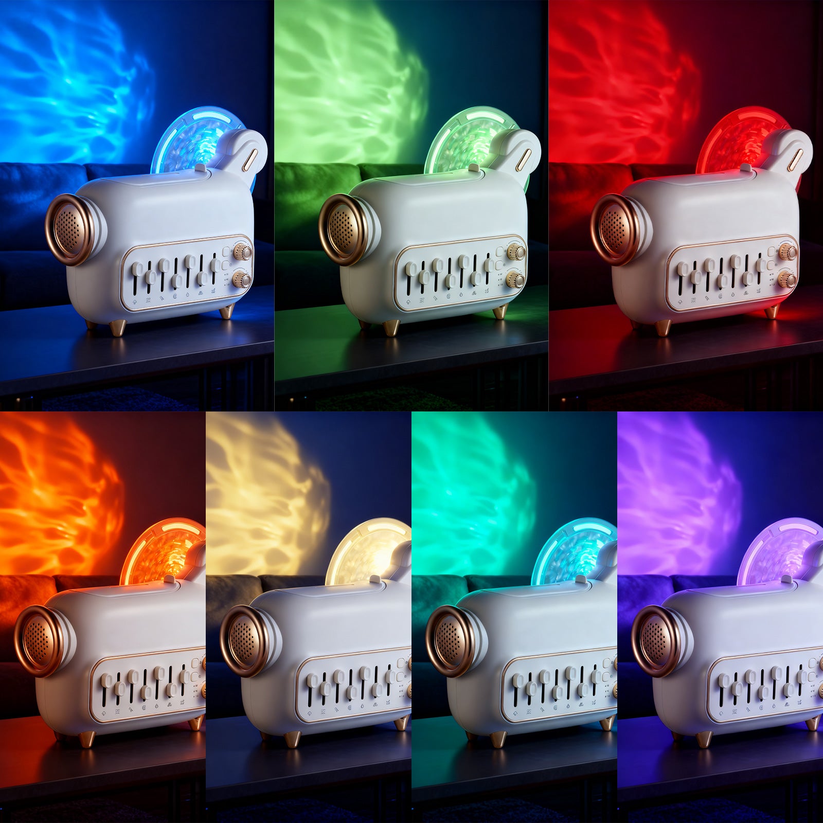 Aurora White Noise Aroma Diffuser M9 – ultrasonic Bluetooth aroma diffuser featuring 7-color LED aurora ambient light modes for mood enhancement, relaxation, and better sleep.