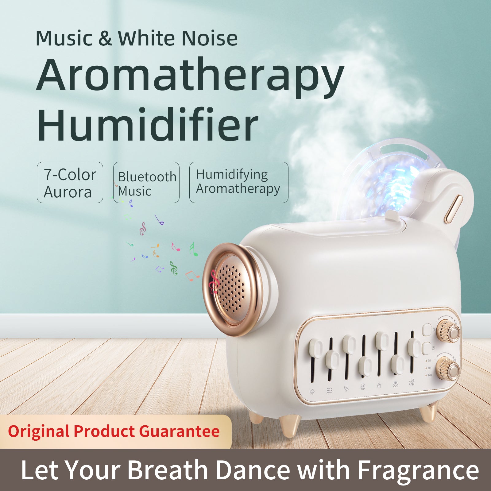 Aurora White Noise Aroma Diffuser M9 – multifunctional Bluetooth music aromatherapy humidifier with 7-color aurora LED light, white noise, and ultrasonic mist for sleep relaxation.