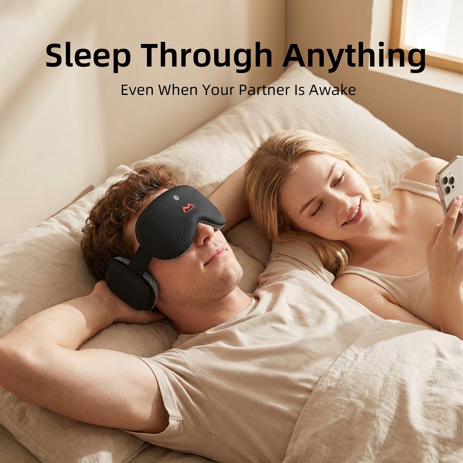 Couple sleeping with Fismool 201 sleep mask providing noise isolation and deep rest