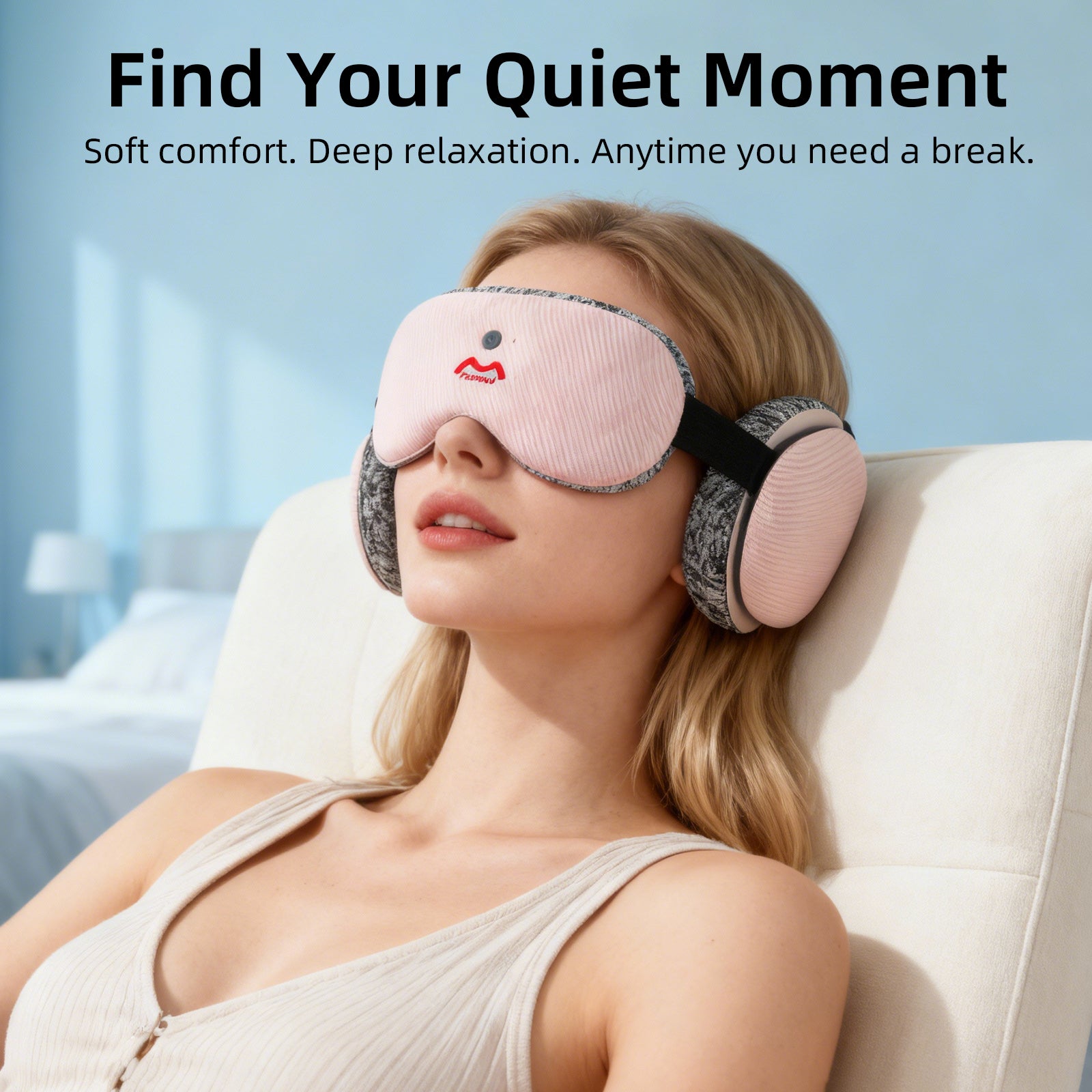 Woman wearing Fismool 201 pink sleep mask relaxing at home with soft comfort fit