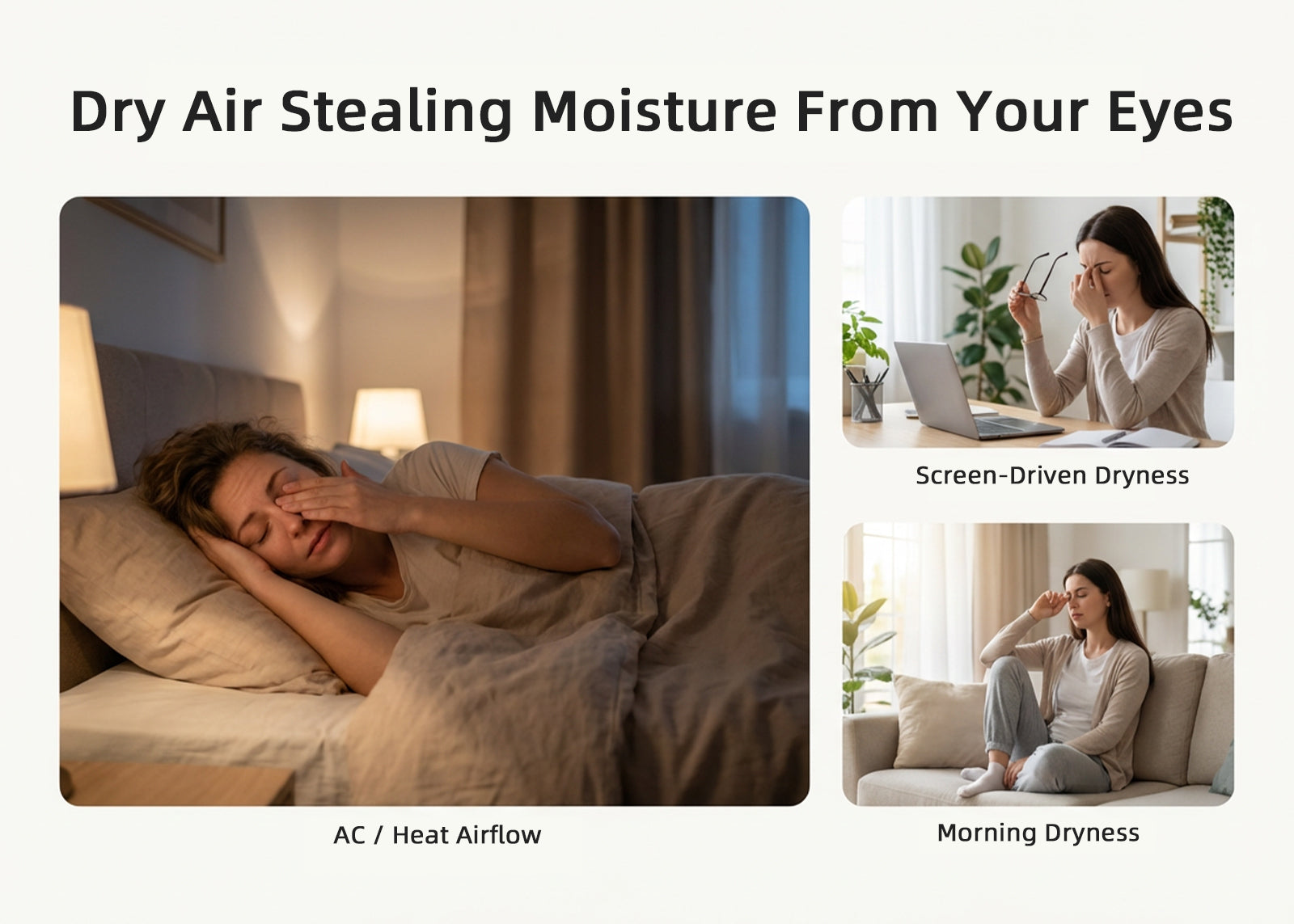 Dry air from AC, heating, and screens causing moisture loss and dry, tired eyes