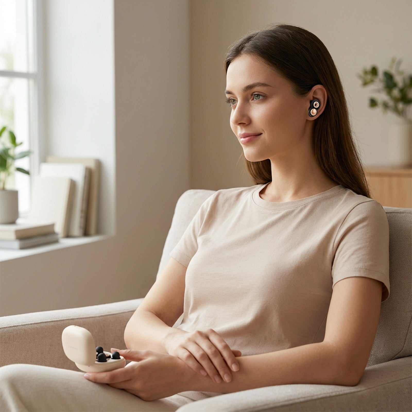 Fismool earplugs worn for noise reduction, helping create a quiet and relaxing home environment.