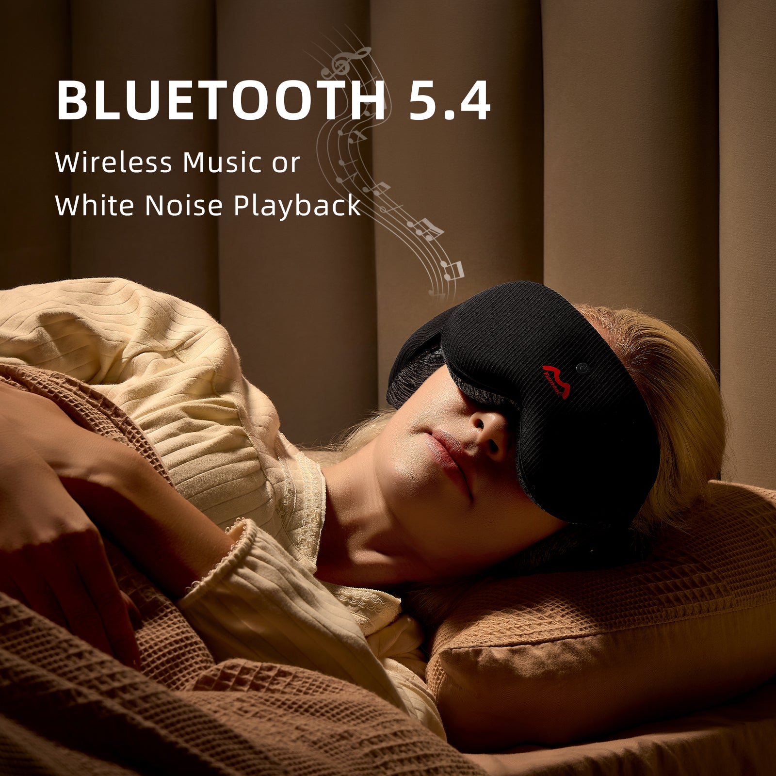 Nighttime scene showing Bluetooth white-noise sleep mask FS201 improving sleep quality