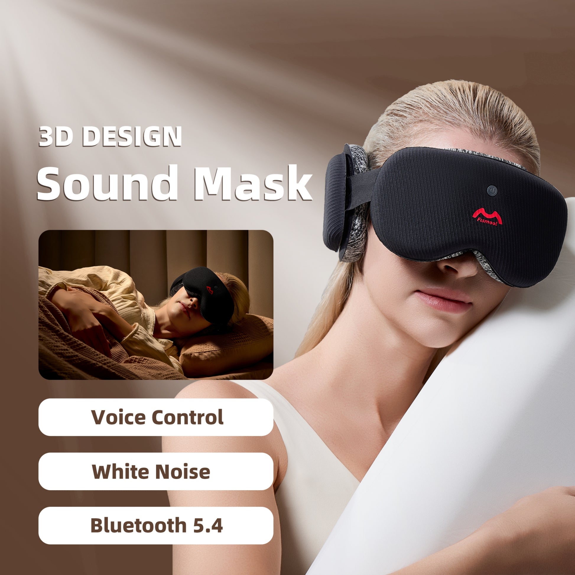 Fismool Sound Sleep Mask with Bluetooth 5.4 – 3D Design Eye Mask with Voice Control & White Noise for Deep Sleep