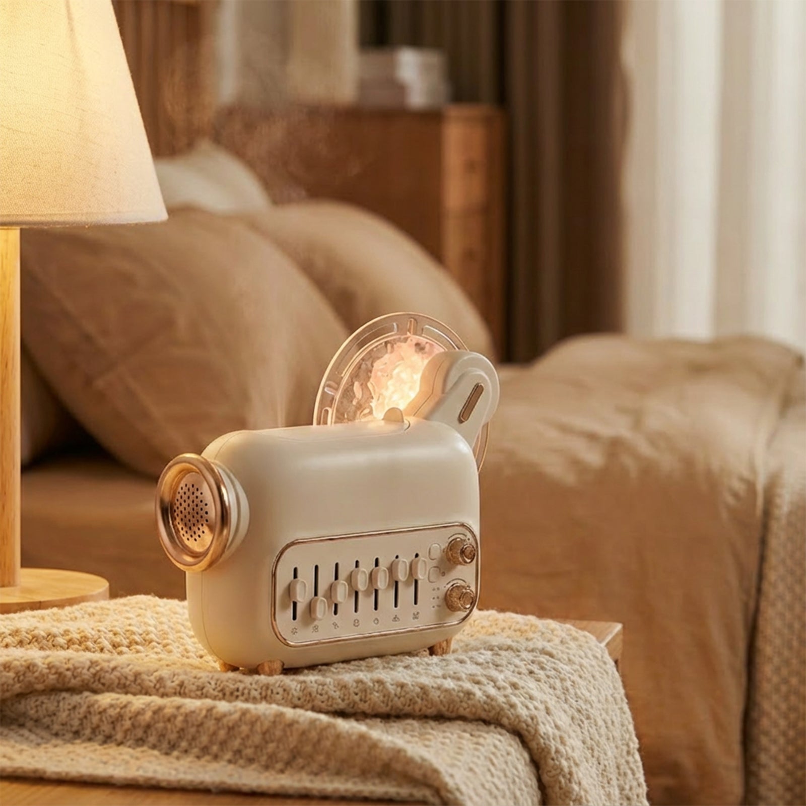 Fismool sleep aid device on bedside table, designed to create a calming environment for relaxation and better sleep.