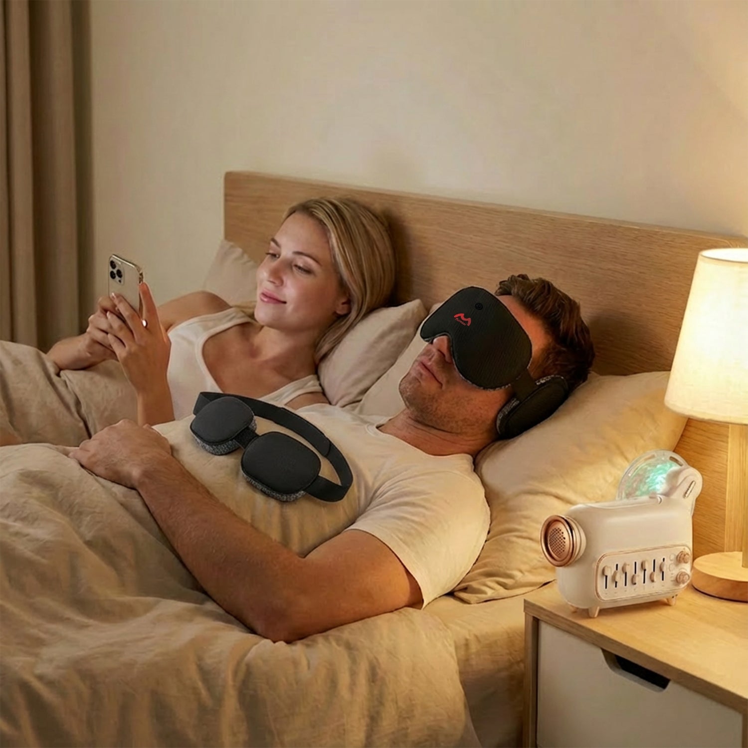 Fismool sleep mask bundle featuring a couple resting in bed, with sound sleep mask, pocket sleep mask, and white noise device creating a calm nighttime sleep environment.