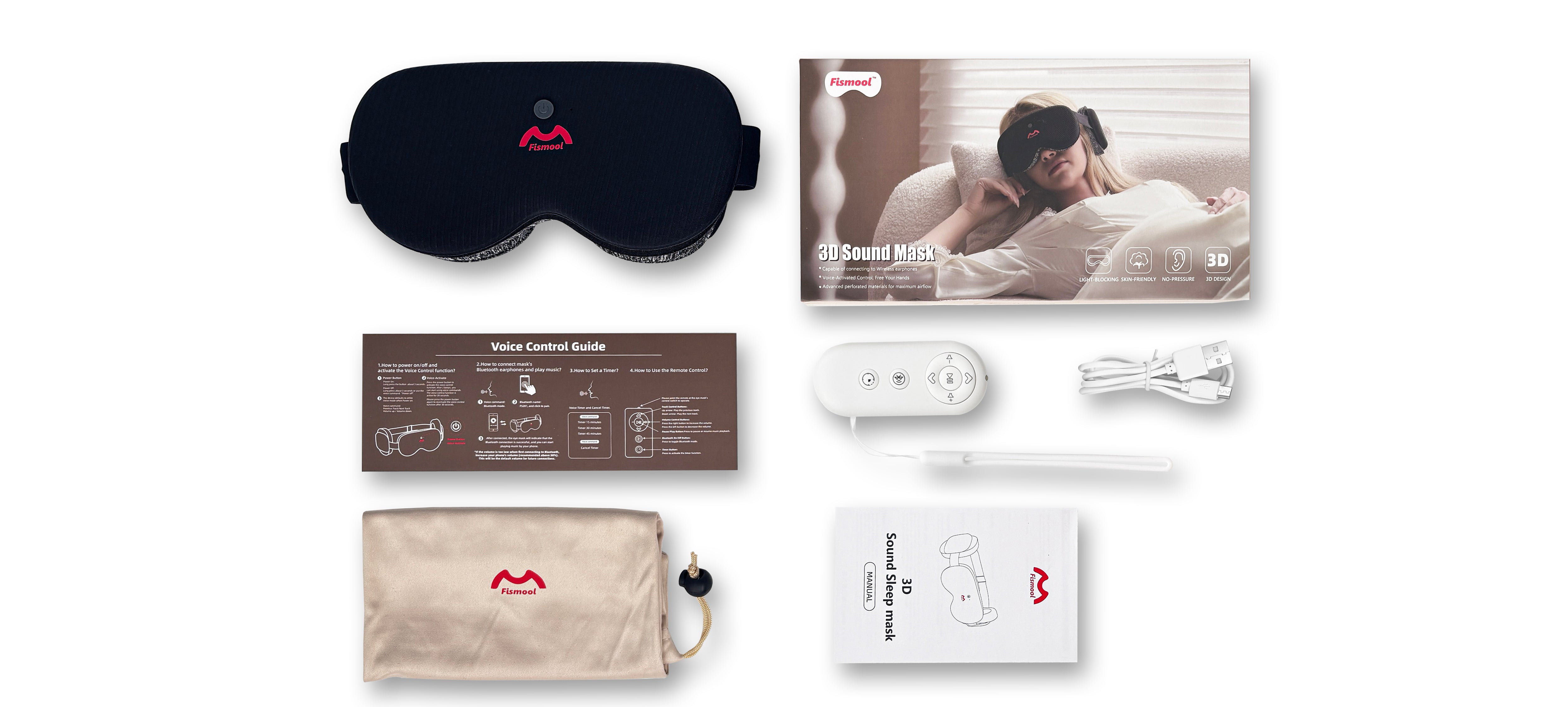 Fismool Smart Sound Sleep Mask full accessories set including mask, remote control, guide, charging cable, and storage bag.