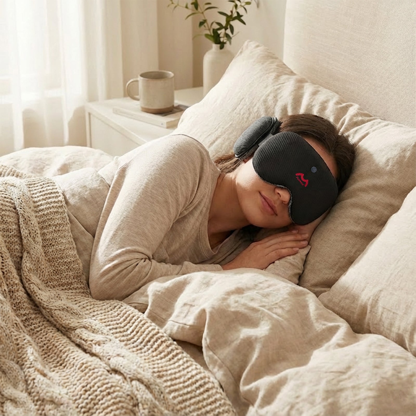 Fismool sleep mask worn during side sleeping, providing light blocking and comfort for uninterrupted rest.