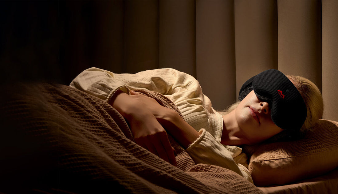 Fismool Sound Sleep Mask 201 worn during bedtime sleep, providing full blackout and a calm, immersive sleep environment