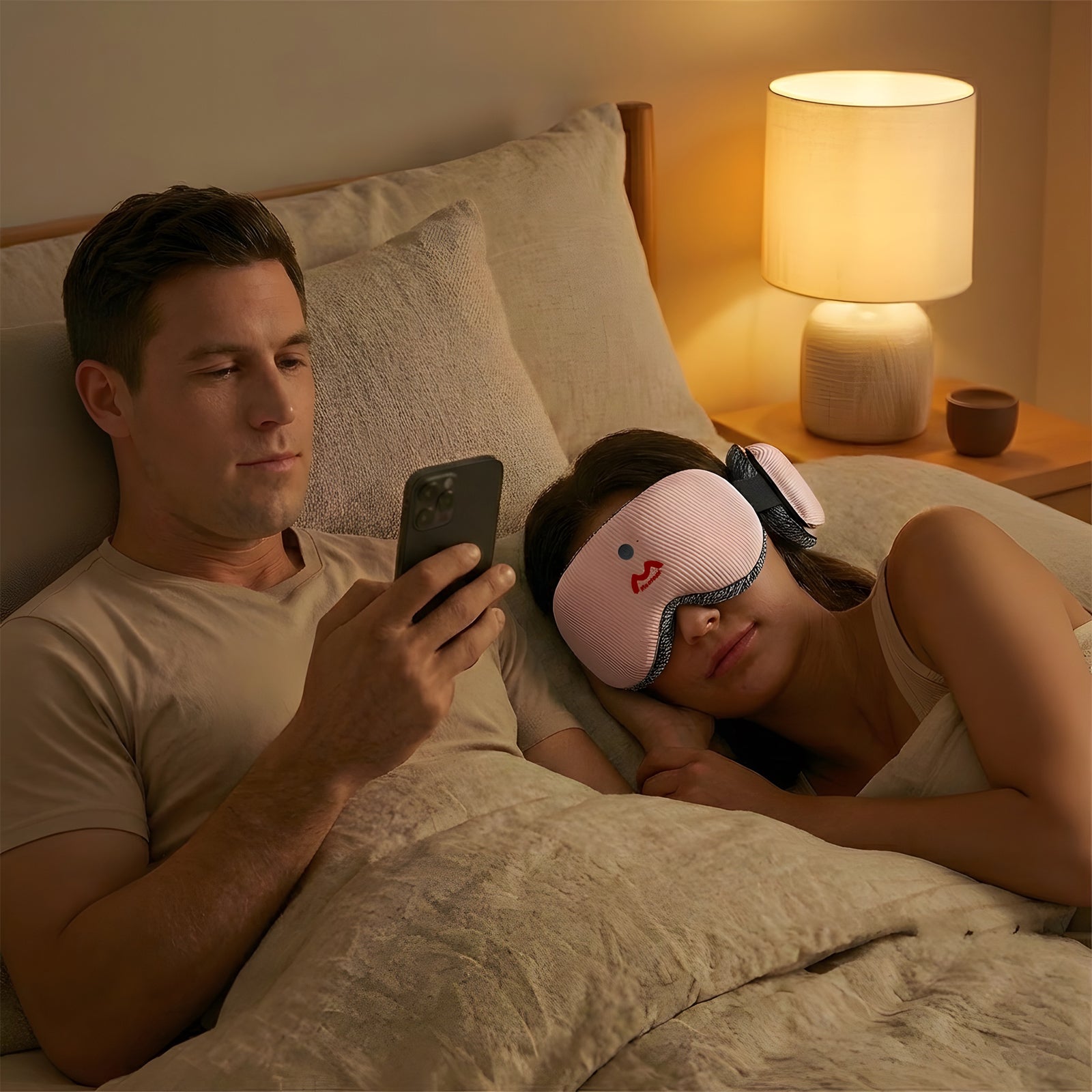 A couple in bed at night, with a man using his phone while a woman sleeps peacefully wearing a Fismool sleep mask with headphones