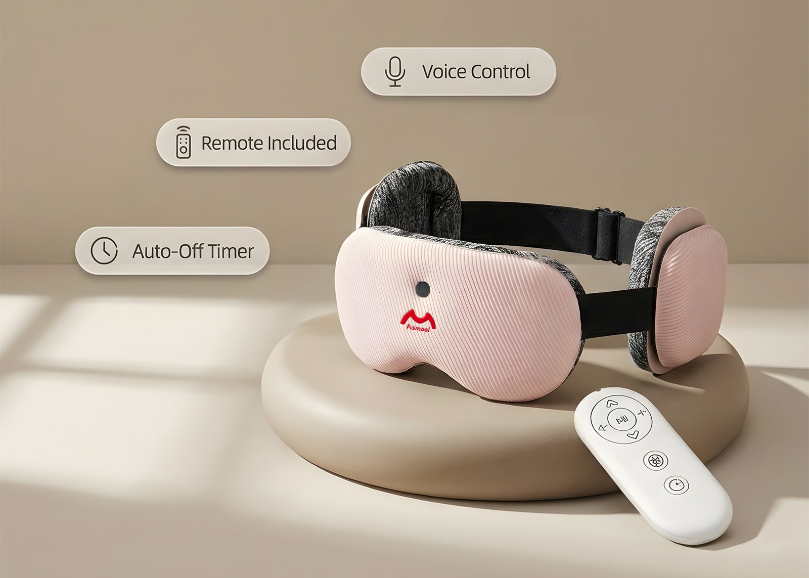 Fismool Bluetooth sound sleep mask pink with voice control, remote control, and built-in timer for hands-free nighttime use
