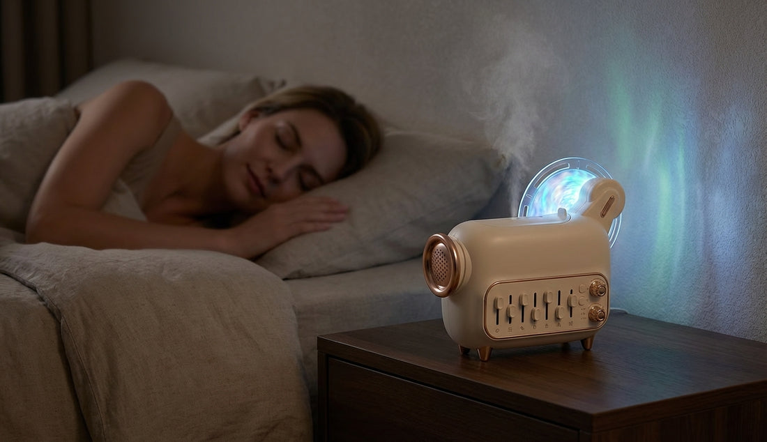 Fismool White Noise Aroma Diffuser M9 placed on a bedside table, creating a calm sleep environment with soft light and white noise.